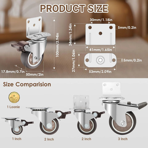 Diagram of 2 Inch L Shaped Side Mount Caster Wheels Set Of 4 With 360 Degree Swivel Ball Bearings Silent TPR Rubber Casters