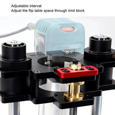 Heavy Duty Electric Router Table Lift System Built With Premium Aluminum Alloy For Grip Tight Stability and Dead Nuts Accurate Fine Tuning On Every Woodworking Bench, showing adjustable limit block and crank mechanism.