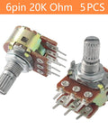 Five Pack 20K Dual Linear Potentiometers With 6 Pin 15mm Shaft for audio volume and light dimming, metal housing, close-up view