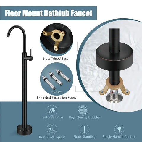 Oil Rubbed Bronze Freestanding Tub Filler With Single Lever Handle Floor Mounted Brass Bath Faucet diagram details