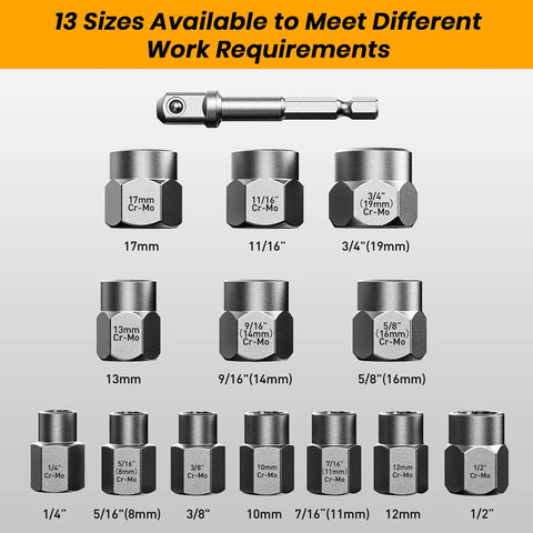 Impact Bolt And Nut Remover Set Pro Grade Fourteen Piece Bolt Extractor Tool Kit with 13 removers and 3/8 inch socket driver.