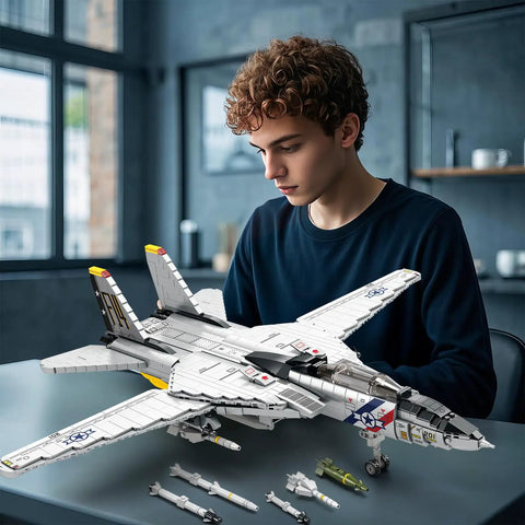 Person assembling F-14 Fighter Jet Building Set With Movable Wings, Realistic Military Plane Model Kit For Adults in modern room