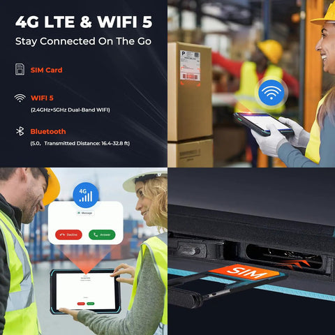 Heavy Duty 8 Inch Rugged Android 13 Tablet With Integrated Barcode Scanner, 4GB Ram And 64GB Storage, 4G Lte And Wifi 5 showing connectivity features and SIM card slot.
