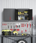 Open Beefy Heavy Duty Metal Wall Cabinet For Garage with tools and supplies, mounted above workbench, adjustable steel shelves visible.