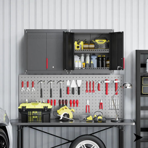 Open Beefy Heavy Duty Metal Wall Cabinet For Garage with tools and supplies, mounted above workbench, adjustable steel shelves visible.