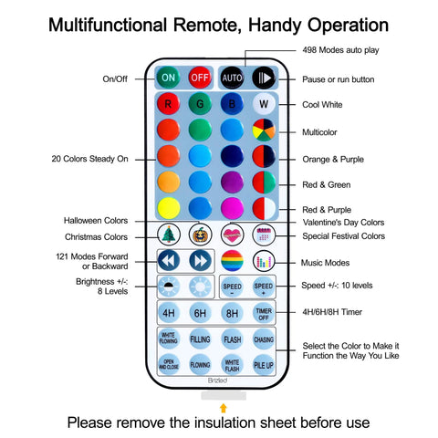 Remote control for Color Changing Christmas Lights 33ft 100 LEDs RGB Red White Blue with multifunctional buttons and features.