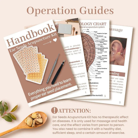 Operation guides and handbook for All In One Ear Seeds Kit For Auricular Acupressure With 600 Natural Vaccaria Seeds.