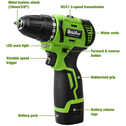 Sixteen Point Eight Volt Cordless Drill Kit With Battery And Charger Three Eighths Inch Keyless Chuck Dual Speed Power Tool