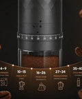 Portable Electric Burr Coffee Grinder Built To Last With Slick Steel Burrs Rechargeable 1800 MAH Battery Drops In Forty Settings showing grind level dial.