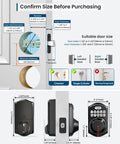 Specifications for Built Tough WiFi Keypad Deadbolt for Your Front Door showing door size requirements and dimensions.