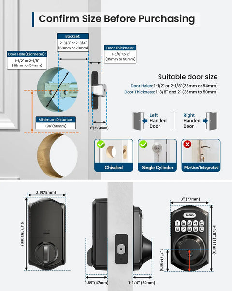 Specifications for Built Tough WiFi Keypad Deadbolt for Your Front Door showing door size requirements and dimensions.