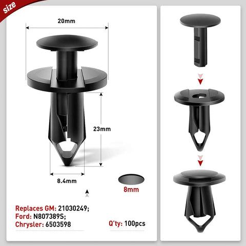 Nylon Bumper Rivet Clips Set, 100 Pieces For 8mm Holes, Replaces GM 21030249, Ford N807389S, Chrysler 6503598 with Bonus Fastener Remover