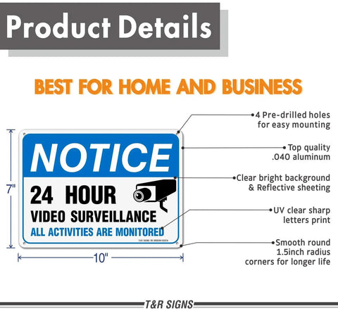 Heavy Duty Video Surveillance Sign 4 Pack 7x10 Inch Reflective Aluminum Security Camera Warning Decal on a blue background.