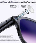 Close-up of 4K Video Glasses With 8MP Camera For Vlog Travel And Work On The Go Open Ear Audio Real Time Translation And Voice Assistant Hands Free Calls Electronic Image Stabilization EIS 3 Lenses, showing lens structure and design.