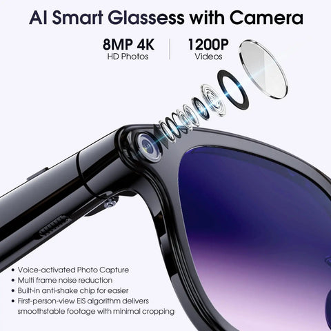 Close-up of 4K Video Glasses With 8MP Camera For Vlog Travel And Work On The Go Open Ear Audio Real Time Translation And Voice Assistant Hands Free Calls Electronic Image Stabilization EIS 3 Lenses, showing lens structure and design.