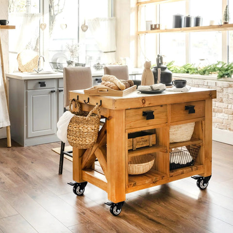 Mobile kitchen island on 8 Pack 3 Inch Caster Wheels With Safety Brake Heavy Duty Swivel Plate Casters in rustic kitchen setting