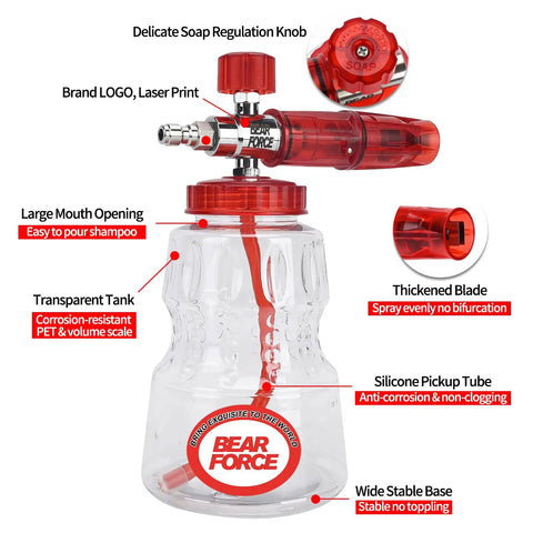 Pressure Washer Spray Gun With Foam Cannon Kit All In One For Car Wash 3000 PSI M22 Inlet Three Eighths Inch Quick Connect Swivel Handle Foam Gun With Five Nozzle Tips 0 15 25 40 65 Degrees Extra 1.10Mm Orifice Nozzle Included, transparent tank, large mouth opening, silicone pickup tube, wide stable base, delicate soap regulation knob.