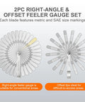 Front view of Tokyzexi two-piece stainless steel feeler gauge set with 32 straight and 16 angled blades