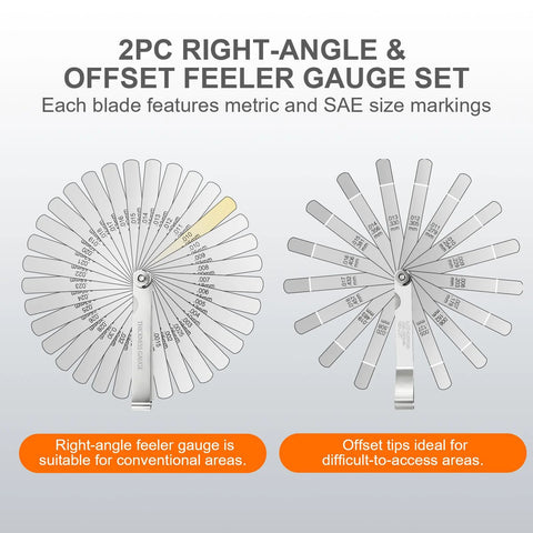Front view of Tokyzexi two-piece stainless steel feeler gauge set with 32 straight and 16 angled blades