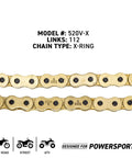 Close-up of gold 520V X-ring chain with 112 links for Drive Sprocket And Chain Combo For Yamaha YZF R3 MT 03 YZF R25 MT 25.