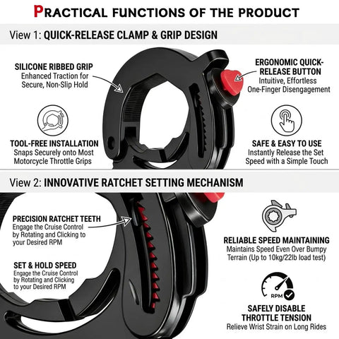 Universal Motorcycle Cruise Control Throttle Lock Assist with ergonomic quick-release button and silicone grip design.