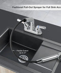 Laundry Room Sink Faucet With Pull Out Sprayer 4 Inch Centerset 3 Hole Install Chrome Finish Non Metallic Body 1.8 GPM Flow Easy Reach Spray