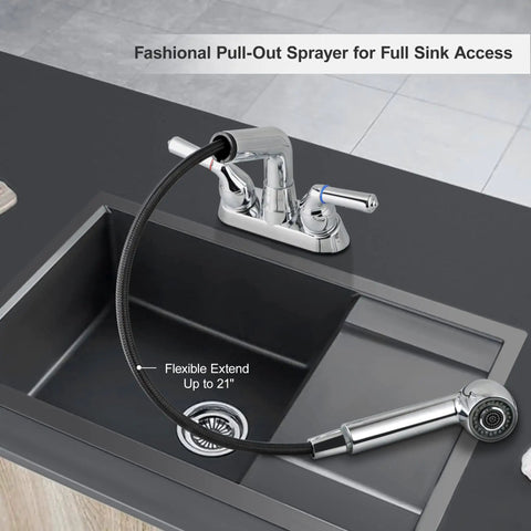 Laundry Room Sink Faucet With Pull Out Sprayer 4 Inch Centerset 3 Hole Install Chrome Finish Non Metallic Body 1.8 GPM Flow Easy Reach Spray