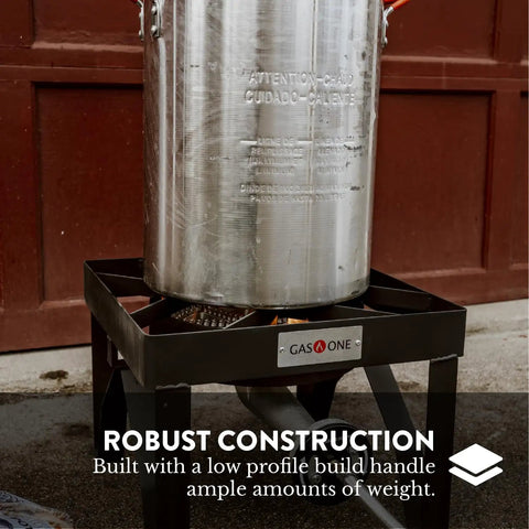 Beast 200K BTU Propane Burner For Outdoor Cooking with steel pot on a heavy-duty stove.