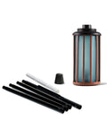 Retro Stripe Glass Torches 2 Pack 65 Inch Outdoor Patio Garden Torches Easy Install With Refillable Canisters Long Lasting Wicks Snuffer Blue And Copper set components including poles, wick, and snuffer cap.