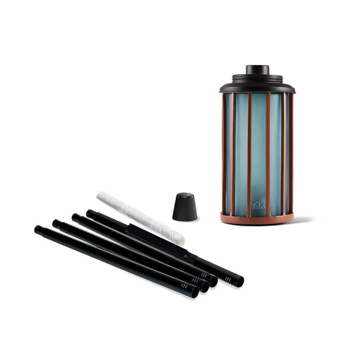 Retro Stripe Glass Torches 2 Pack 65 Inch Outdoor Patio Garden Torches Easy Install With Refillable Canisters Long Lasting Wicks Snuffer Blue And Copper set components including poles, wick, and snuffer cap.