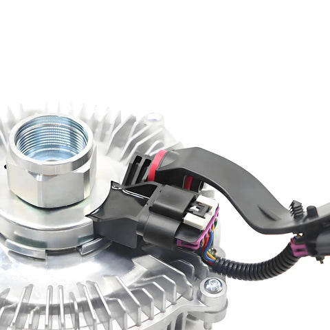 Close-up of Heavy Duty Radiator Fan Clutch For Ram 2500 3500 4500 5500 6.7L Diesel 2013 2018 with electrical connector.