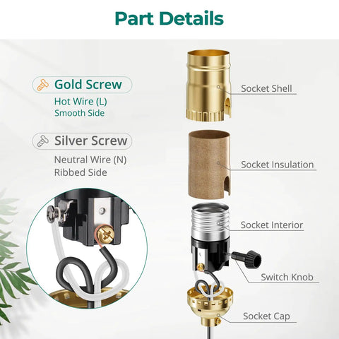 UL Listed 3-Way Lamp Socket Replacement With E26 Base, Turn Switch Knob For Low Medium High Settings, part details diagram