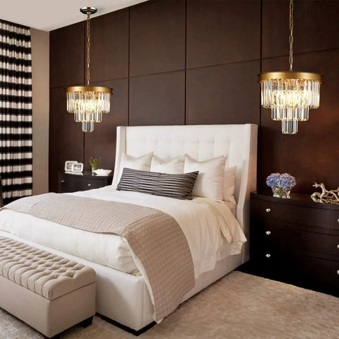Bedroom with Gold Crystal Chandelier 16 Inch Modern Ceiling Pendant Light Fixture Dimmable Flush Mount Round Chandelier