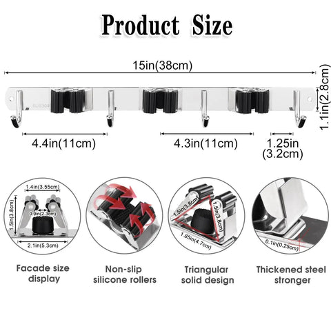Diagram showing dimensions of 15-inch wall mount organizer with three tiers of hooks and four hangers, stainless steel, non-slip.