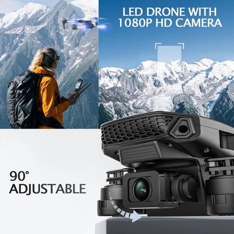 1080P HD Camera Foldable Mini FPV Drone with LED Lights hovering in mountains, showing 90° adjustable camera detail.