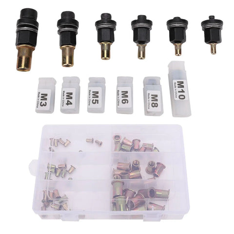 Heavy Duty Rivet Nut Tool Set M3 To M10 In Carbon Steel With Adapters And 60 Nuts, kit components and labeled cases