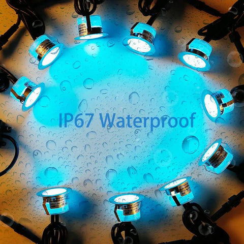 10 glowing blue lights from the 20 Pack WiFi RGBW Deck Light Kit With Remote, Voice Control, Alexa And Google Assistant, IP67 Waterproof