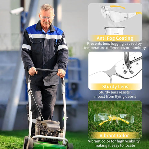 Man mowing lawn wearing Anti Fog Safety Glasses Bulk For Men With ANSI Z87.1 Certification For Jobsite Industrial Lab And Gardening