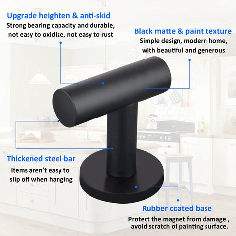 Close-up of a black matte 4 Pack Magnetic Coat Hooks With Rubber Coated Neodymium Magnets For Metal Surfaces Doors Refrigerators Grills Lockers