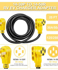 20 Foot EV Charger Adapter Cord From NEMA 14-30P To 14-50R 4 Prong, Heavy Duty Level 2 RV Ready, yellow connectors depicted