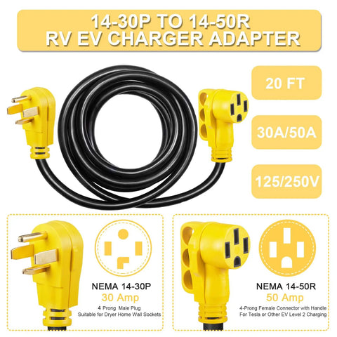 20 Foot EV Charger Adapter Cord From NEMA 14-30P To 14-50R 4 Prong, Heavy Duty Level 2 RV Ready, yellow connectors depicted