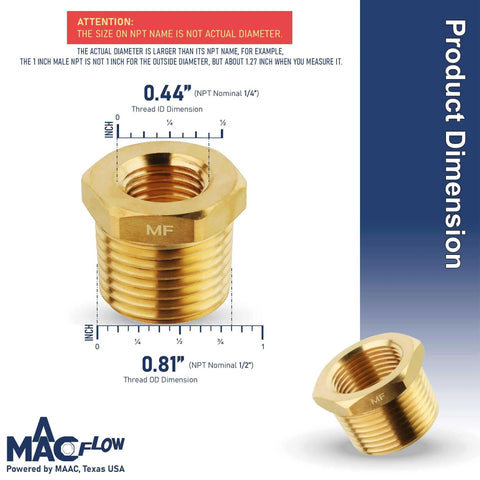 Brass MAACFLOW 1/2" Male NPT to 1/4" Female NPT adapter reducer hex bushing