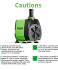 Image of a Small Pond Pump With Hose 45W 800 GPH Adjustable Flow Circulates 500 To 1200 Gallons, showing warning label and instructions.