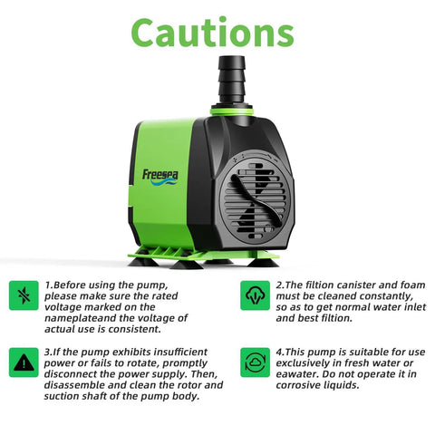 Image of a Small Pond Pump With Hose 45W 800 GPH Adjustable Flow Circulates 500 To 1200 Gallons, showing warning label and instructions.
