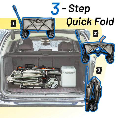 Heavy-Duty Electric Wagon Cart With 450W Motor All-Terrain Wheels 200L Capacity folded in car trunk for portability.