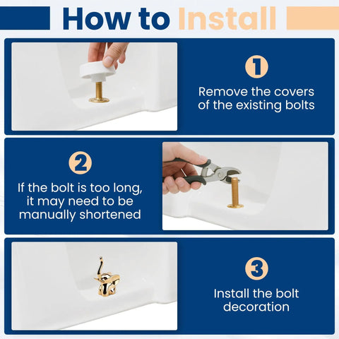 Installation steps for Gold Elephant Ceramic Toilet Bolt Covers, 2 Pack, Decorative Screw Caps For Most Toilet Bolts.