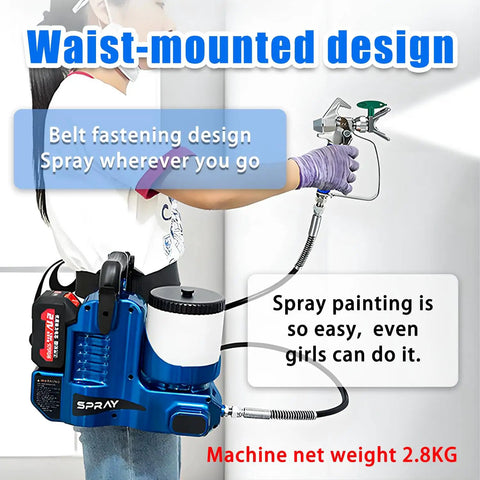 No Strings Attached Cordless Paint Sprayer Knocks Out Furniture Refinishing Jobs Fast With High Pressure Airless Power And 360 Degree Swivel For A Sweet Crisp Home Finish, waist-mounted spray gun in use, easy to handle design.