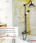 Exposed Shower Fixture With Two Cross Handles For A No Fuss Two In One Shower Setup Including 8 Inch Rain Showerhead Handheld Spray And 12 Inch Extension Tube In Oil Rubbed Bronze in a bathroom setting