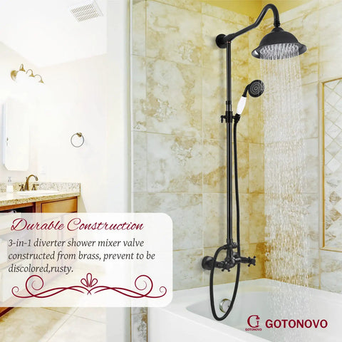 Exposed Shower Fixture With Two Cross Handles For A No Fuss Two In One Shower Setup Including 8 Inch Rain Showerhead Handheld Spray And 12 Inch Extension Tube In Oil Rubbed Bronze in a bathroom setting