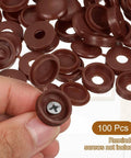 Close-up of dark brown Hinged Screw Cover Caps 5.9mm Inner Diameter 0.23 Inch Durable Waterproof Plastic Covers Pack of 100.